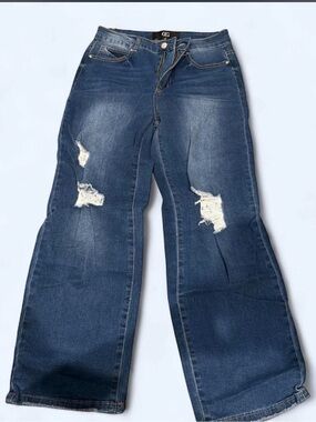 High-Rise Distressed Wide-Leg Jeans in Dark Blue